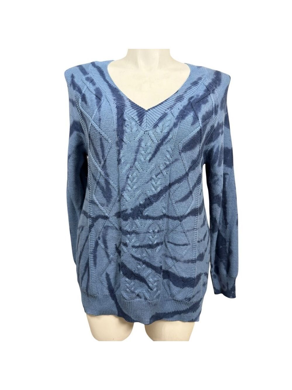 NWT Wonderly Blue Tie Dye Cable Knit Sweater Size Large